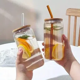 ironglass Premium Quality ( Pack Of 2 ) Can shape tumbler with wooden lid and straw Glass Water/Juice Glass image 1