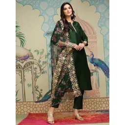Ishin Green Thread Work Silk Crepe Straight Kurta With Trousers & Dupatta-picture-28