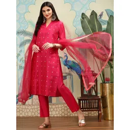 Ishin Pink Floral Embroidered Sequinned Silk Crepe Straight Kurta With Trousers & Dupatta-picture-10