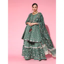 Ishin Women Floral Print Gotta Patti Pure Cotton Kurta with Sharara & Dupatta-picture-17