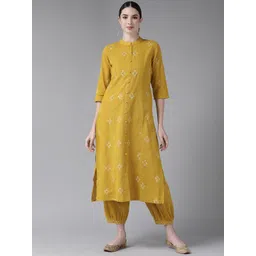 Ishin Women Mustard Yellow Ethnic Motifs Embroidered Mirror Work Pure Cotton Kurta with Salwar-picture-14