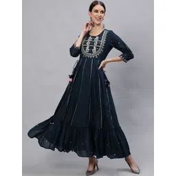 Ishin Women Navy Blue & Pink Ethnic Motifs Embroidered Cotton Anarkali Kurta-picture-20