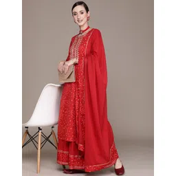 Ishin Women Red Bandhani Printed Gotta Patti Pure Cotton Kurta with Sharara & With Dupatta-picture-18