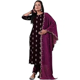 ishin Women's Velvet Ethnic Motifs Zari Purple Straight Kurta Suit Set with Trousers & Dupatta-picture-47