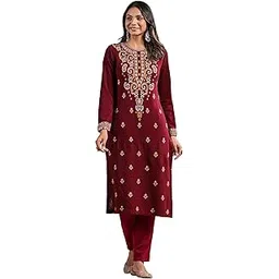ishin Women's Wine Jacquard Style Ethnic Motifs Straight Winterwear Kurta-picture-32
