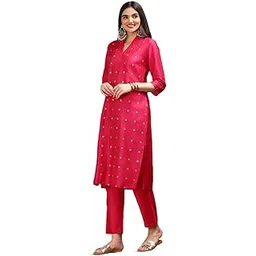 ishin Pink Floral Embroidered Sequinned Silk Crepe Straight Kurta With Trousers & Dupatta | Kurta set for women | Kurta with trousers and dupatta image 1