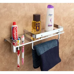 istar Stainless Steel Mirror Chrome Finish 4 in 1 Multipurpose Bathroom Shelf/Rack/Towel Hanger/Bathroom Accessories With Ceramic Soap Case and Tumbler Holder Silver Towel Holder-picture-43