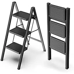 Istara 3-Step Folding Step Stool, Black Steel Ladder with Wide Steps – Modern Style, Portable & Heavy-Duty for Home Or Office Use Space Saving, 330lbs Capacity (Black)-image-38