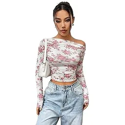 istyle can Floral Print Power Net Full Sleeve Asymmetric Collar Pleated Cropped Top for Women | Slim Fit Stylish Crop Top with Lining | Casual Top-picture-30
