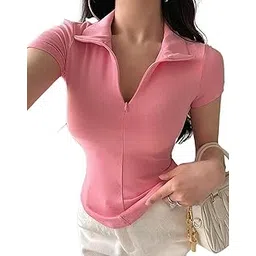 istyle can Polyester Women's Top Solid Short Sleeve Ribbed Asymmetric Hem Casual T-Shirt with Zipper Collar, Rib Knit, Plain Color, Slim Fit-picture-23
