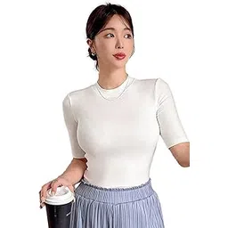 istyle can Slim Fit Plain Stretchable Round Neck Rib Knit Short Sleeve Regular Top for Women | T Shirt | Tee-picture-11