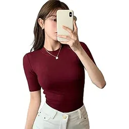 istyle can Slim Fit Plain Stretchable Round Neck Rib Knit Short Sleeve Regular Top for Women | T Shirt | Tee-picture-52