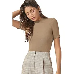 istyle can Solid Streachable Round Neck Rib Knit High Neck Short Sleeve Tops for Women-picture-32