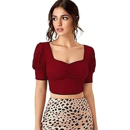 istyle can Sweetheart Neck Ruched Front Puff Sleeve/Half Sleeve Streachable Solid/Plain Slim Fit Crop top for Women | Women's Slim FIT Crop TOP | Tops for Women-picture-18