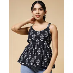 Istyle Can Women Floral Buti Block Printed Scoop Neck Strappy Sleeveless Ethnic Cotton Top-picture-13