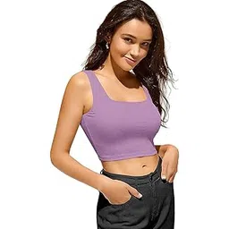 istyle can Women's Ribbed Square Neck Streachable Slim Fit Crop Tank Top-picture-34