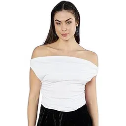 istyle can Women's Solid/Plain Asymmetric Hem Stretchable Draped Crop Top. Sleeveless, Single Shoulder, Off Shoulder, Cowl Neck, Crop Length-picture-41