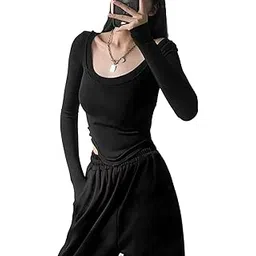 istyle can Women’s U-Neck Long Sleeve Slim Fit Crop Top | Solid Ribbed Knit Casual Streetwear | Trendy Y2K / Acubi Style Tops for Women in Black, White, Brown-picture-32