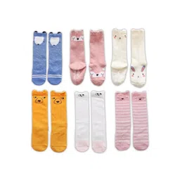 iSWEVEN Kids Pack Of 6 Cotton Patterned Above Knee-Length Socks-picture-56