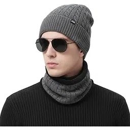 isweven Men and Women Woolen Inside Fur Warm 2in1 Winter Hat with Neck Warmer Scarf Set for Unisex Soft Wool Slouchy Stylish Skull Woollen Beanie Cap (4130)-picture-11