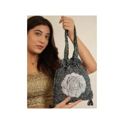 ITIHASIKALA Black Silver Petal Crochet Potli-picture-16