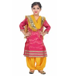 Itsmycostume Cotton Blend Full Sleeves Lace Embellished & Ethnic Foil Printed Punjabi Theme Costume Set - Red & Yellow-picture-27