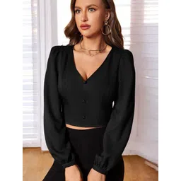 IUGA Women Buttoned V-Neck Puff Sleeve Crop Shirt Style Top-picture-15