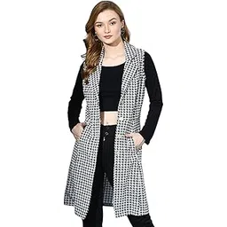 iuga Women’s Long Houndstooth Print Sleeveless Shrug with Front Button & Pockets-picture-17
