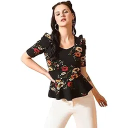 iuga Women's Women’s Black Peplum Top with Ruffled Shoulder Detail-picture-24