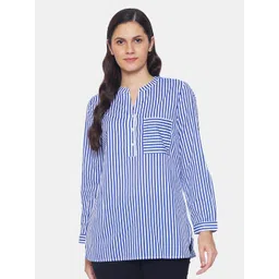 IX IMPRESSION Blue & White Striped Mandarin Collar Regular Top-picture-25