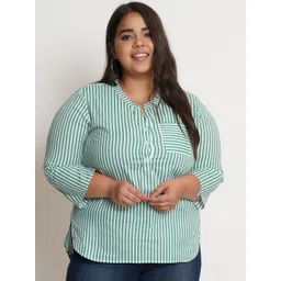 IX IMPRESSION Green Striped Mandarin Collar Shirt Style Pure Cotton Top-picture-19