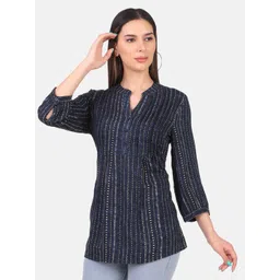 IX IMPRESSION Striped Printed Mandarin Collar Longline Top image 5