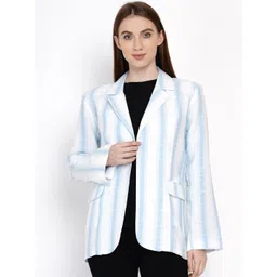 IX IMPRESSION Women Blue & White Striped Open-Front Formal Blazer-picture-26