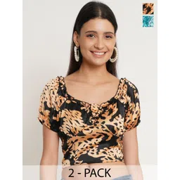IX IMPRESSION Women Pack of 2 Floral Printed Sweetheart Neck Puff Sleeve Blouson Crop Top-picture-10