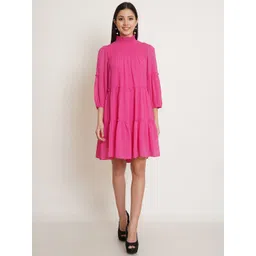 IX IMPRESSION Women Pink A-Line High Neck Smocked & Tiered Dress-picture-32