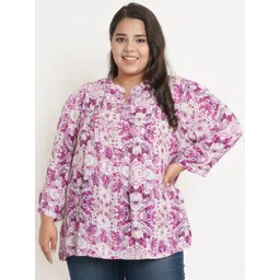 IX IMPRESSION Women Plus Size Pink & White Abstract Print Mandarin Collar Shirt Style Top-picture-21