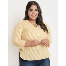 IX IMPRESSION Women Plus Size Yellow & White Striped Pure Cotton Mandarin Collar Top-picture-27