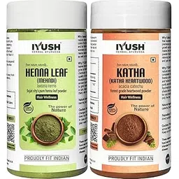 IYUSH Herbal Ayurveda Henna Powder for Hair Colour and Katha Powder for Hair – 200gm | Natural Hair Colour without Chemical | Herbal Hair Colour | Hair Volume Powder | Hair Powder | 100gm each image 1