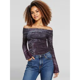 IZF Black Printed Off-Shoulder Long Sleeves Top image 1