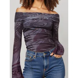 IZF Black Printed Off-Shoulder Long Sleeves Top image 5