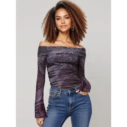 IZF Black Printed Off-Shoulder Long Sleeves Top image 3