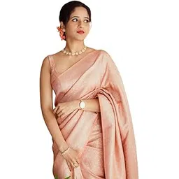 izkio Banarasi Soft Silk Saree, White with Orange-Red Border, Jacquard Weave, Traditional Temple Design, 5.5 Metres-picture-44