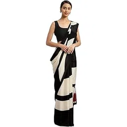 izkio Geometric Print Crepe Saree, Black and White, Striped Bollywood Crepe Saree-picture-23