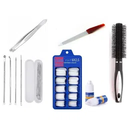 j & f Hair Roller Comb With Plucker And Nail Filer With Artificial Fake nails with 2 Glue Bottle and Blackhead 4 Different Pins-picture-23