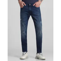 Jack & Jones Dark Blue Denim Cotton Regular Fit Distressed Jeans-picture-35