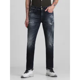 Jack & Jones Dark Blue Denim Cotton Slim Fit Distressed Jeans image 1