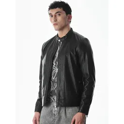 Jack & Jones Men Mandarin Collar Solid Leather Jacket image 3