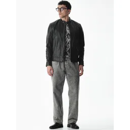 Jack & Jones Men Mandarin Collar Solid Leather Jacket image 2