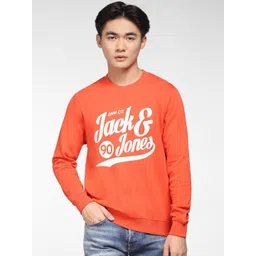 Jack & Jones Men Orange Typography Printed jjor detroit sweat crew neck Cotton Sweatshirt-picture-25