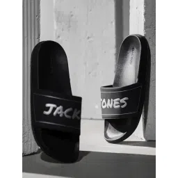 Jack & Jones Men's SMU Jet Black Logo Print Pool Slides-picture-47